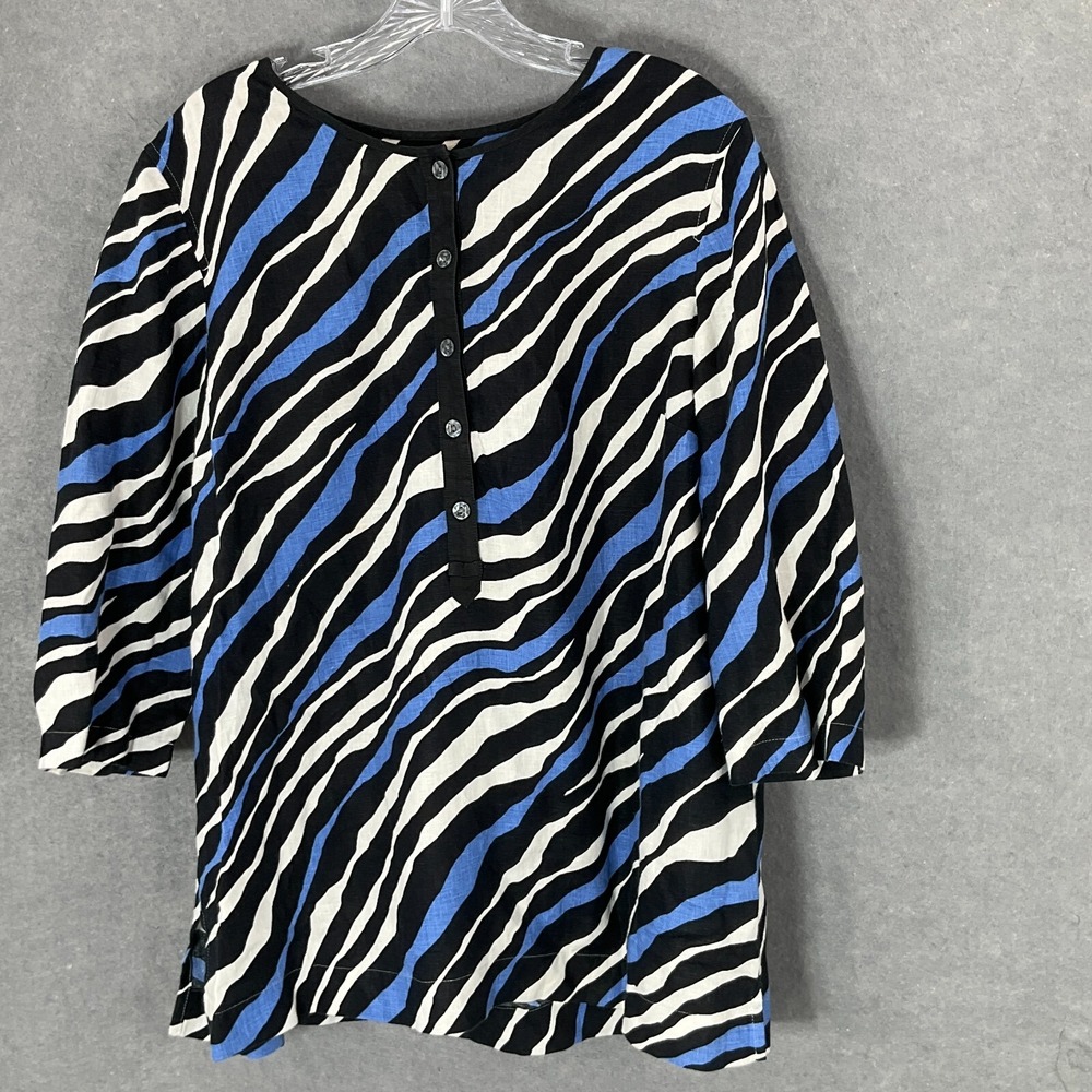 Jones New York Top Womens L Linen Zebra Print Blue Black 3/4 Sleeve Blouse